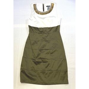 Bisou Bisou Michele Bohbot  Sheath Dress Embellished Olive‎ Green White SZ 6